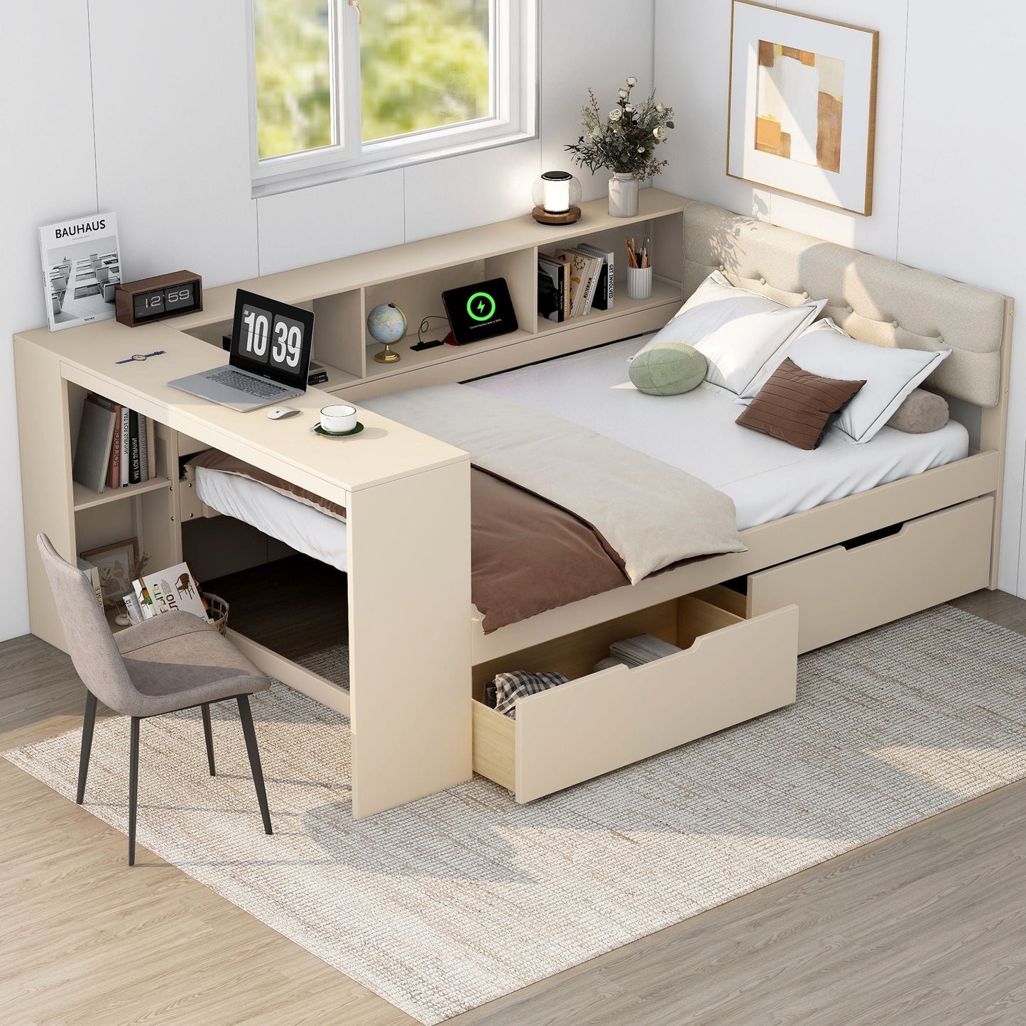 Upholstered storage platform bed with built-in shelves and drawers in beige with charging station on Tampa Home & Garden Store