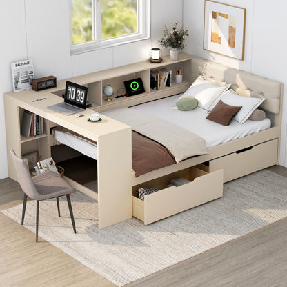 Upholstered storage platform bed with built-in shelves and drawers in beige with charging station on Tampa Home & Garden Store