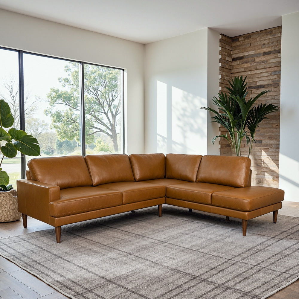 Corbin L-shaped sectional sofa by HouseOfZazla in tan leather with chaise and tapered legs on Tampa Home & Garden Store