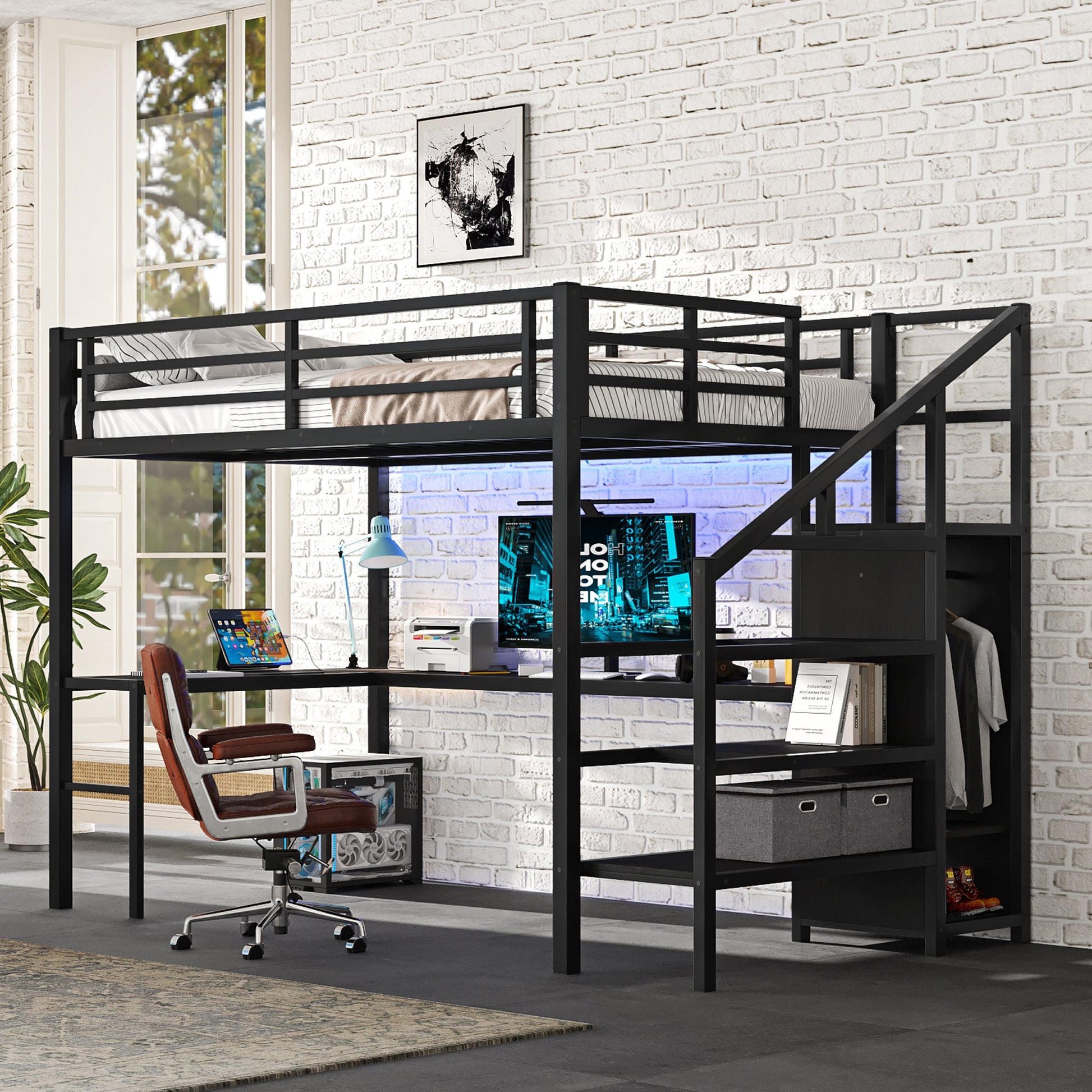 Full Size Loft Bed with L-Shaped Desk and USB, black metal frame with integrated desk on Tampa Home & Garden Store