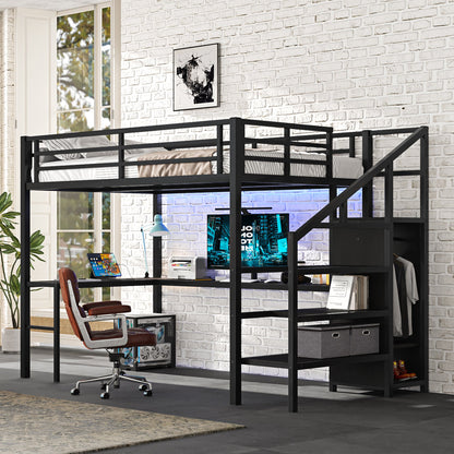 Full Size Loft Bed with L-Shaped Desk and USB, black metal frame with integrated desk on Tampa Home & Garden Store