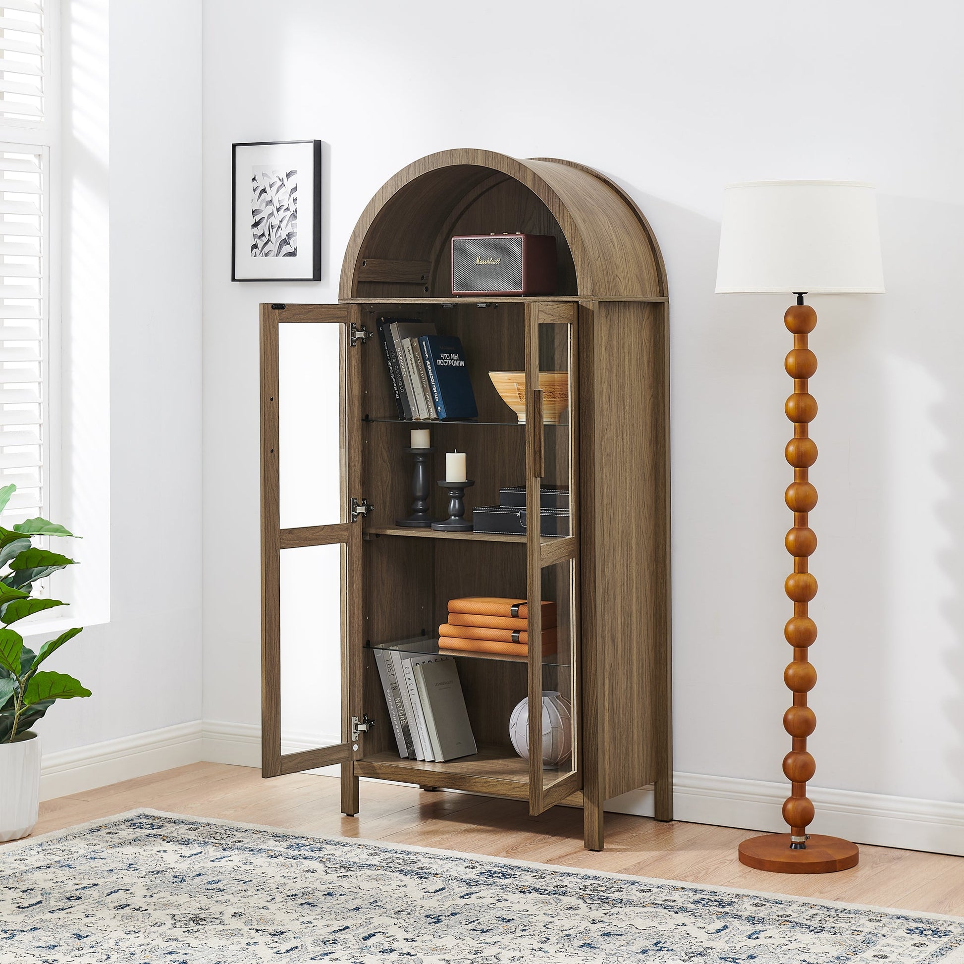 High Arched Storage Cabinet with Lamp by HouseOfZazla; walnut wood finish with glass doors on Tampa Home & Garden Store