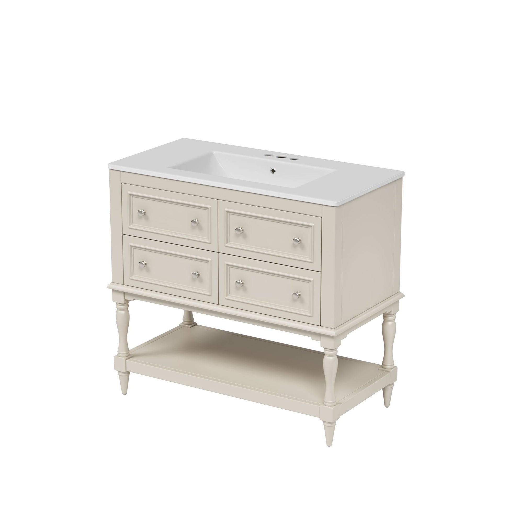 Bathroom vanity with sink, cream cabinet, white countertop, six drawers, chrome knobs, turned legs on Tampa Home & Garden Store