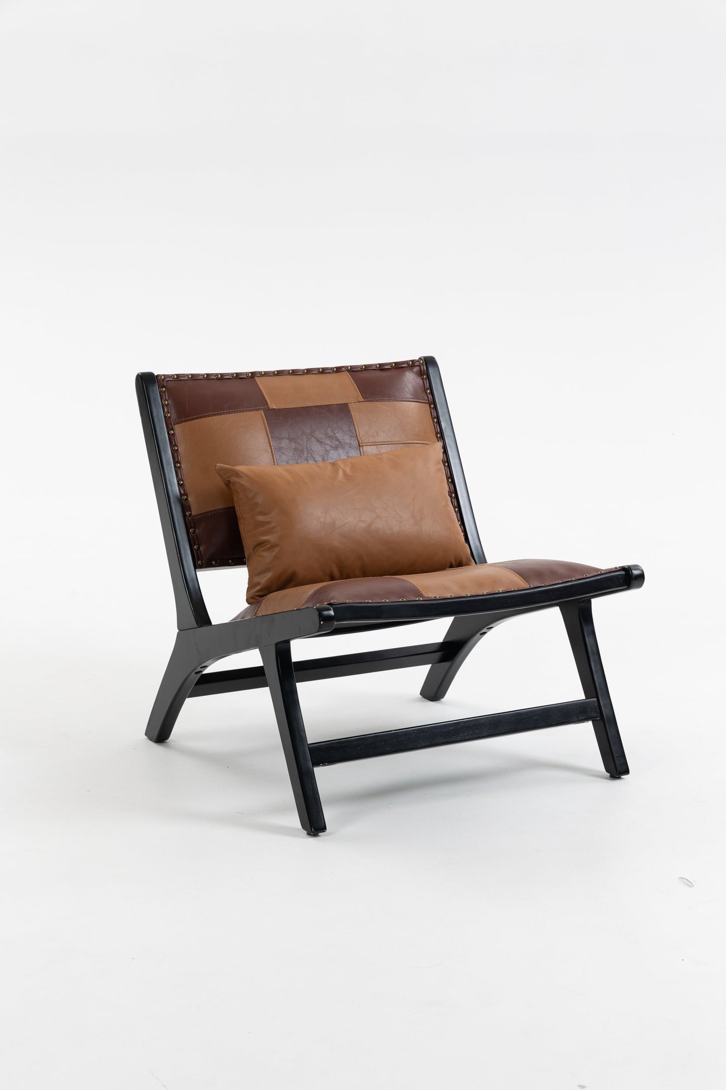 Modern Boho accent chair brown patchwork leather with nailhead trim and black wood frame on Tampa Home & Garden Store