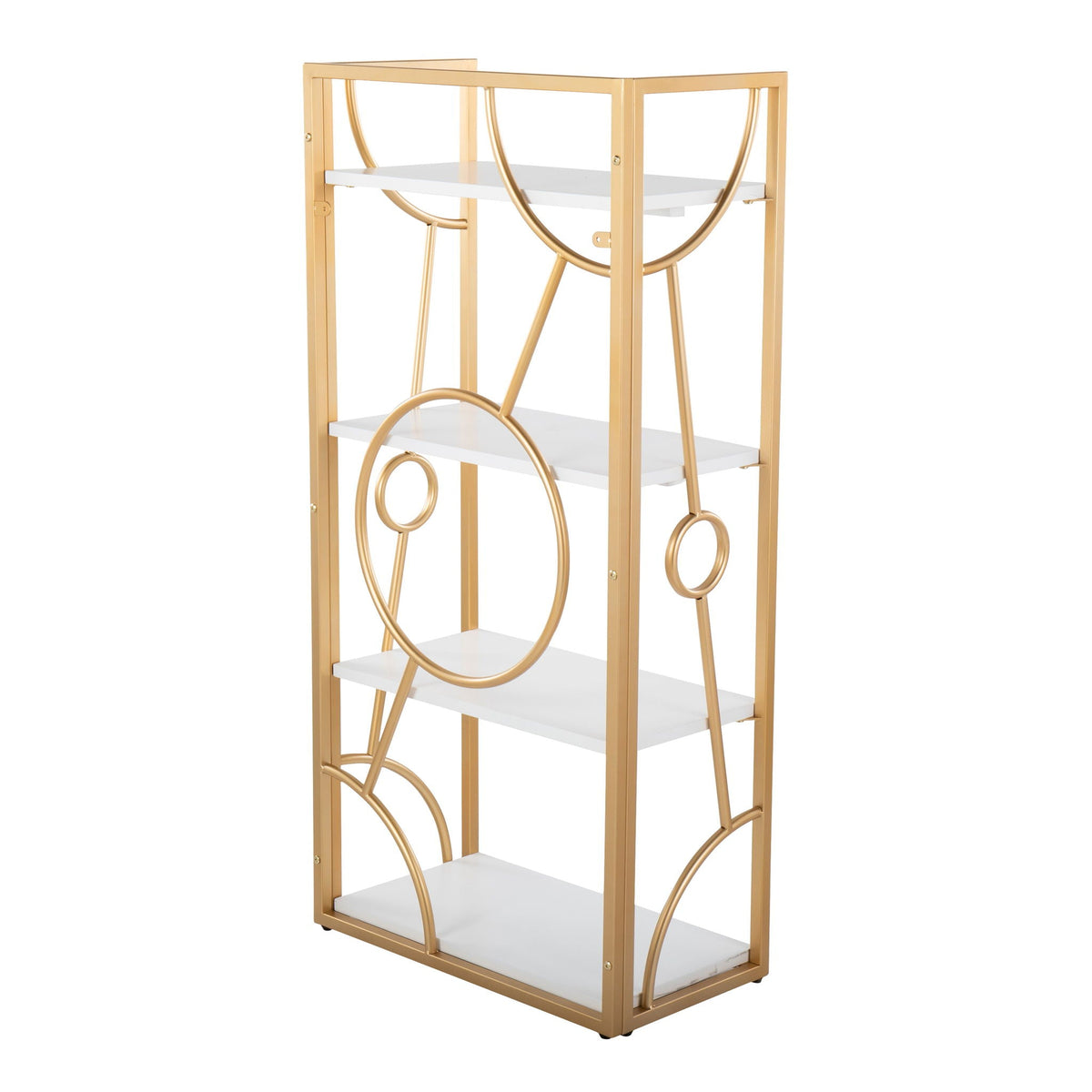 Contemporary etagere with four white shelves and a gold metal frame with circular accents on Tampa Home & Garden Store
