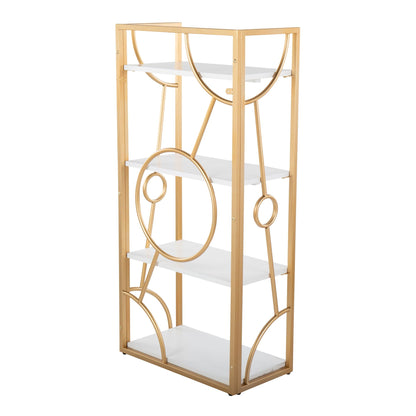 Contemporary etagere with four white shelves and a gold metal frame with circular accents on Tampa Home & Garden Store