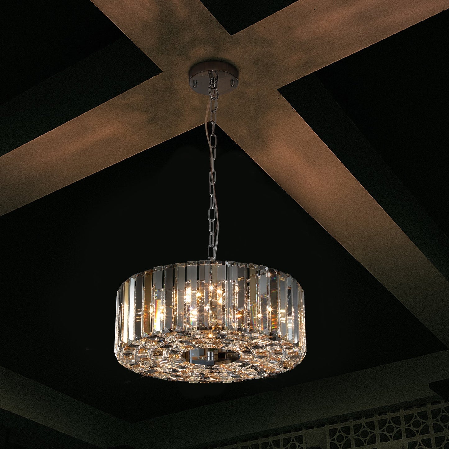17' Chrome Crystal Pendant Chandelier by HouseOfZazla with crystal prisms and chrome frame on Tampa Home & Garden Store