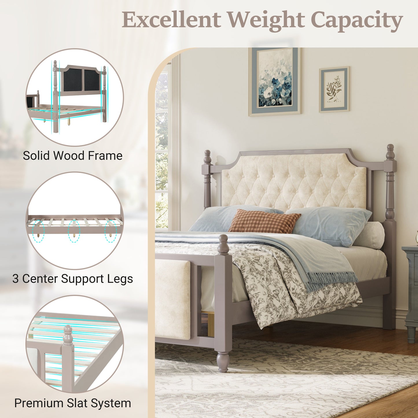 Queen Size Upholstered Platform Bed with Button Tufted Headboard, HouseOfZazla solid wood frame on Tampa Home & Garden Store