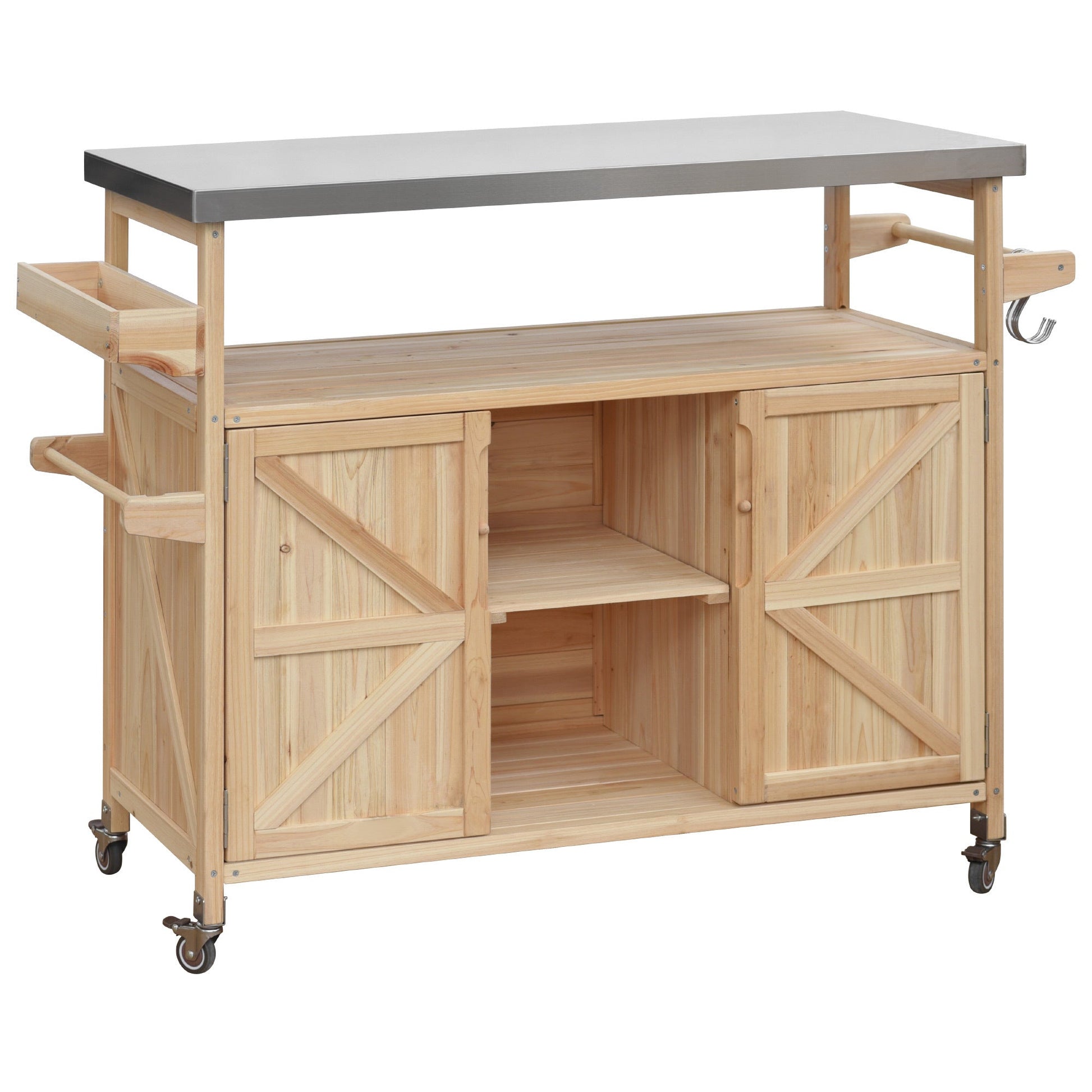 K&K Outdoor Kitchen Island rolling bar cart with gray countertop and wooden storage cabinet on Tampa Home & Garden Store