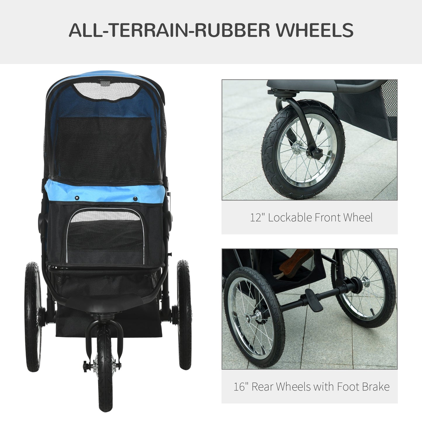 PawHut Pet Stroller Small/Med Dogs blue-black with 12in front 16in rear wheels HouseOfZazla on Tampa Home & Garden Store