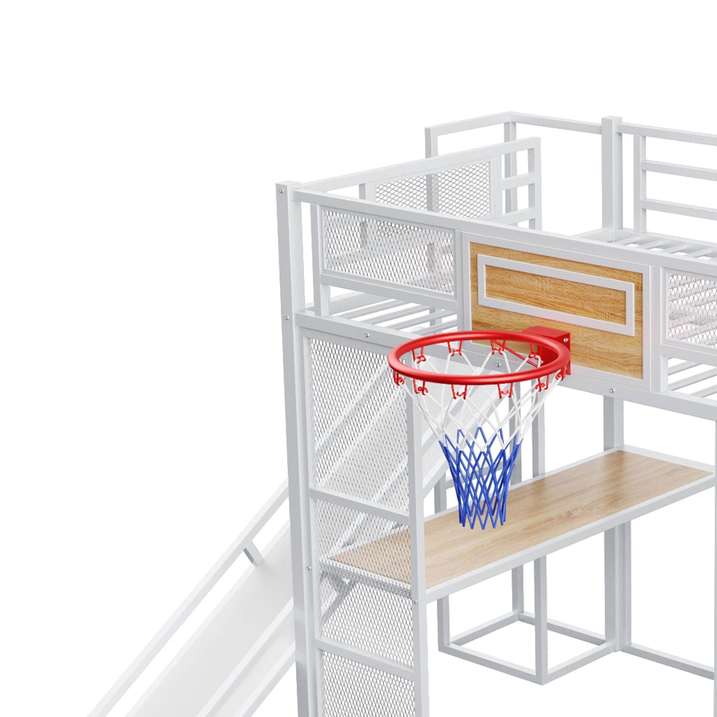 White loft bed with built-in desk, open wardrobe, basketball hoop, slide and staircase on Tampa Home & Garden Store