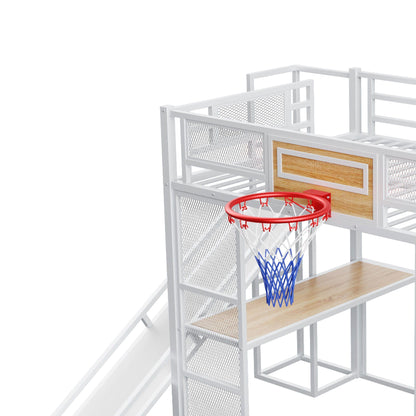 White loft bed with built-in desk, open wardrobe, basketball hoop, slide and staircase on Tampa Home & Garden Store