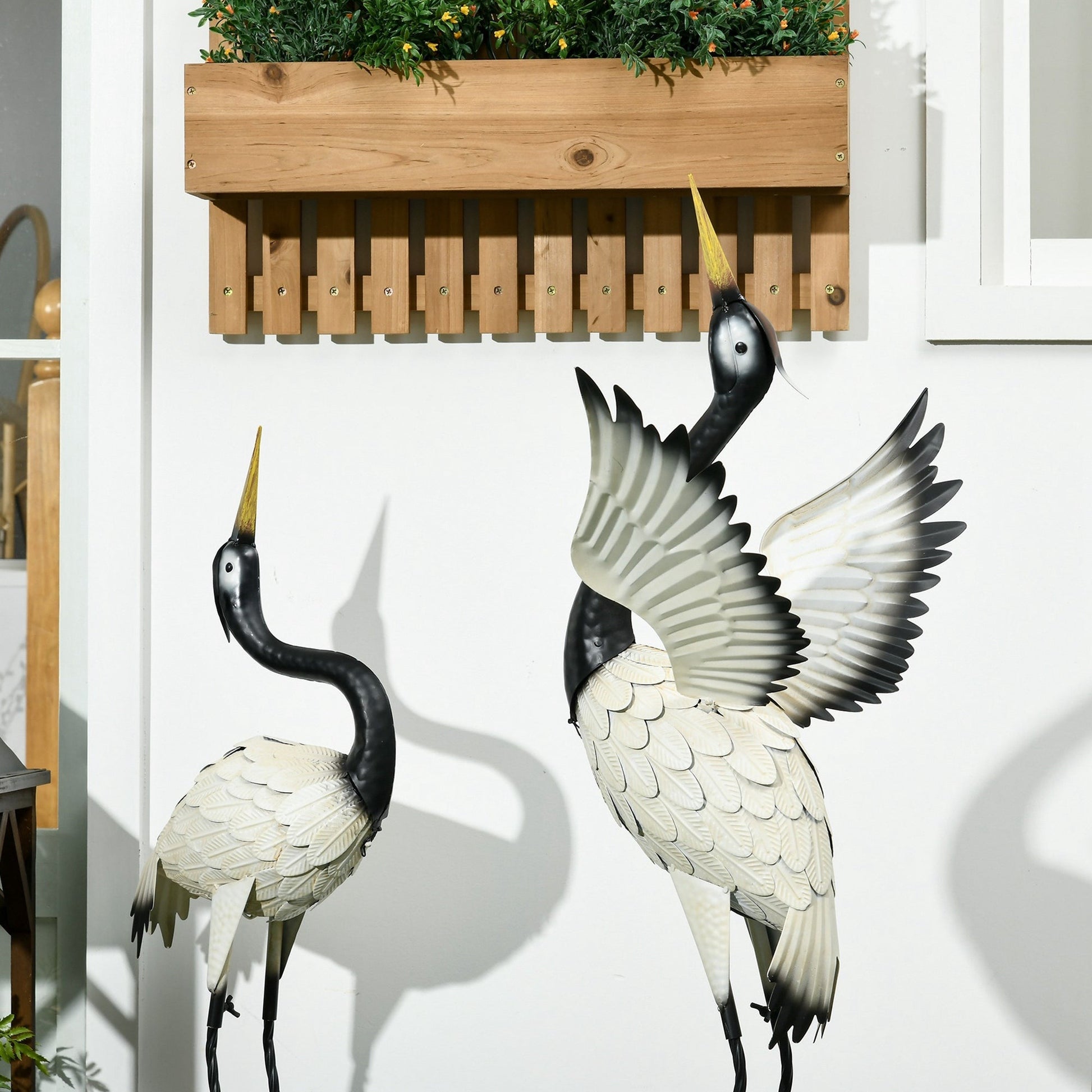 Outsunny Heron garden statues set of 2; black necks, white bodies, metal yard sculptures on Tampa Home & Garden Store