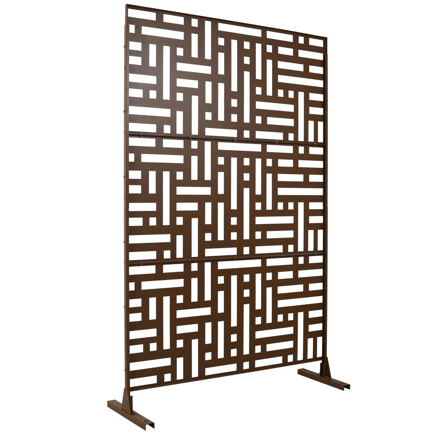 Brown metal privacy screen with rectangular cutouts, freestanding indoor/outdoor room divider on Tampa Home & Garden Store