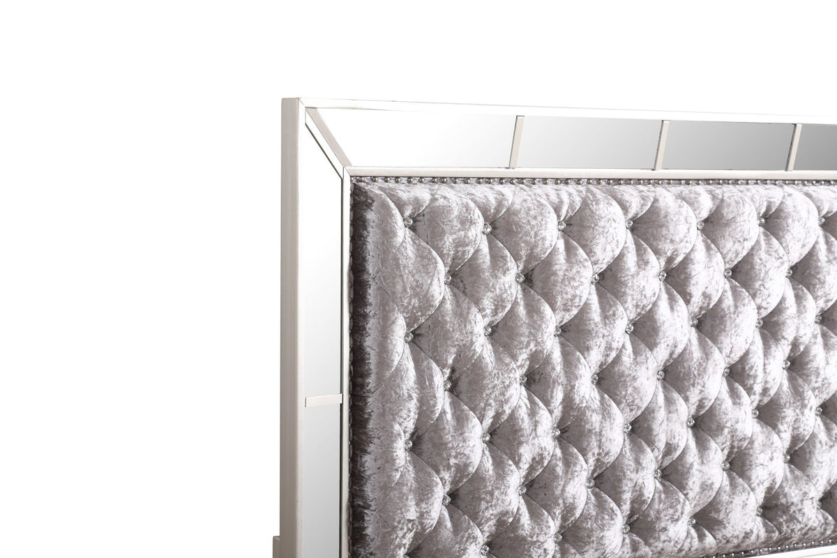 Panel bed headboard by HouseOfZazla in silver velvet with mirrored trim on Tampa Home & Garden Store