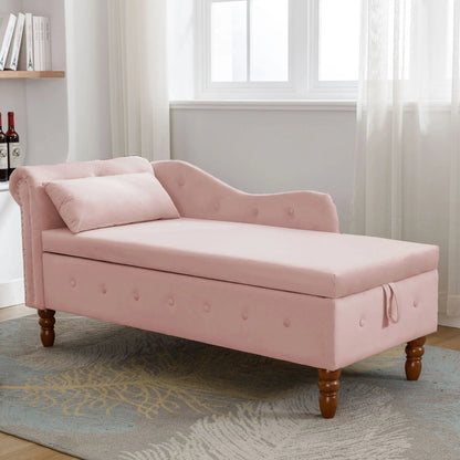 Pink upholstered chaise lounge with nailhead trim and storage base in bedroom setting on Tampa Home & Garden Store