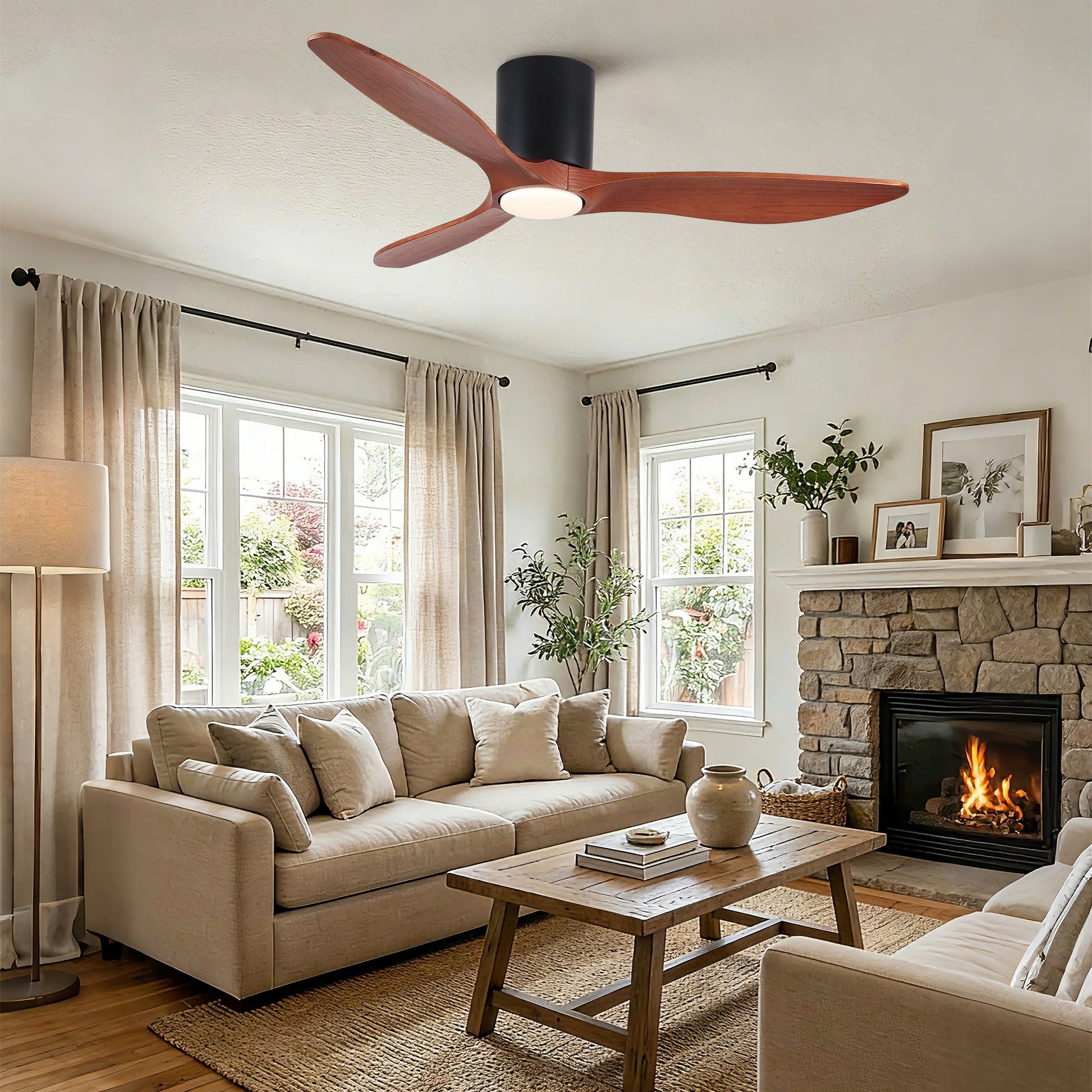 Low-profile flush-mount ceiling fan Matte Black with 3 wood blades and built-in light by HouseOfZazla on Tampa Home & Garden Store