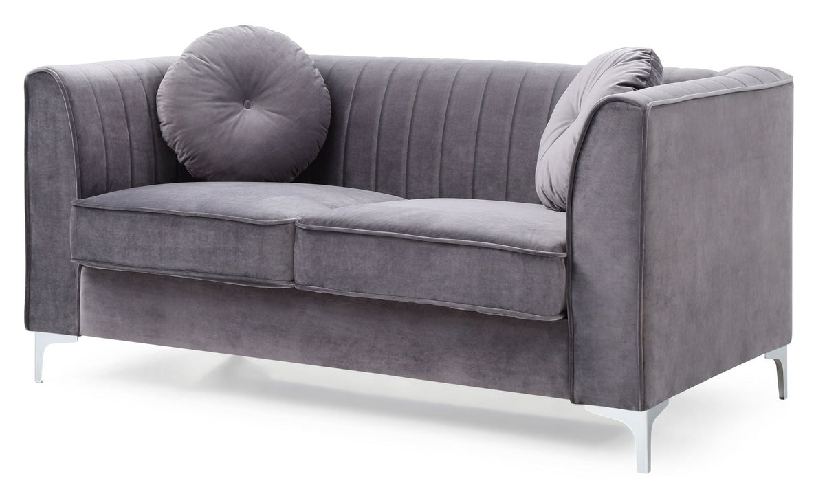 Glam Styled Micro Suede Loveseat with Channel Quilting in gray by HouseOfZazla with metal legs on Tampa Home & Garden Store