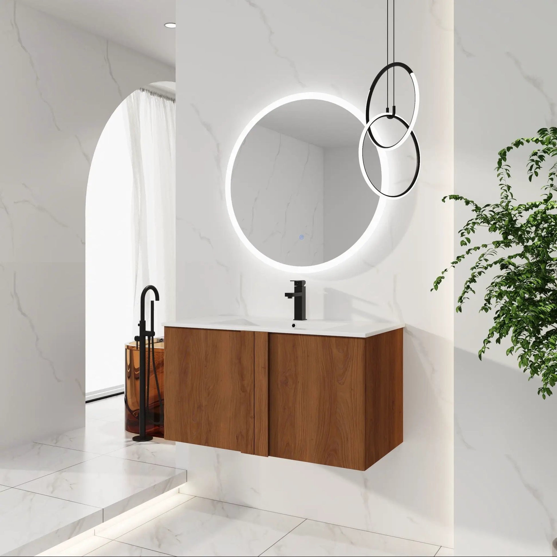 Floating vanity with sink in walnut wood, white countertop, black faucet, round backlit mirror on Tampa Home & Garden Store