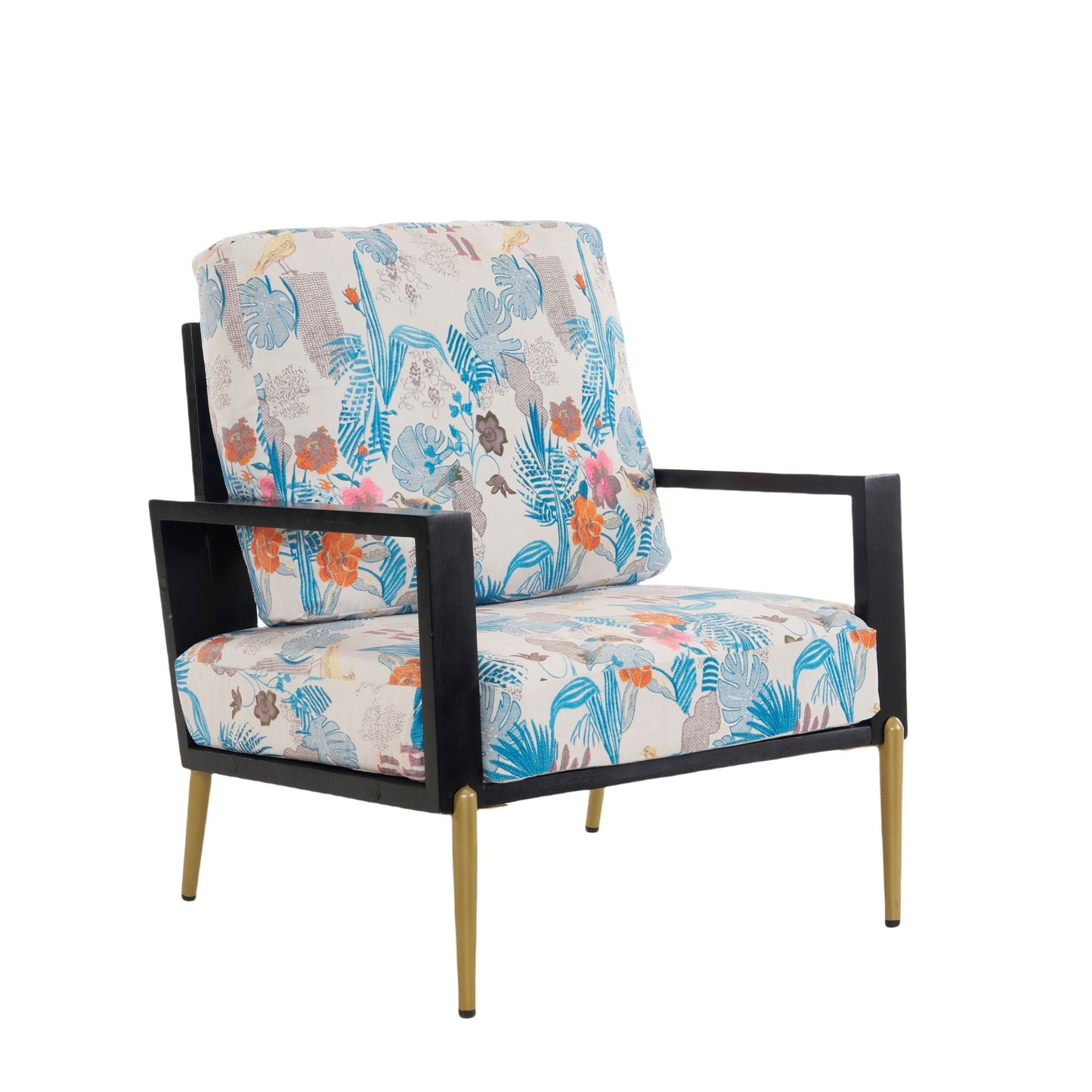 Modern armchair with black wood frame and gold legs, tropical floral upholstery on Tampa Home & Garden Store