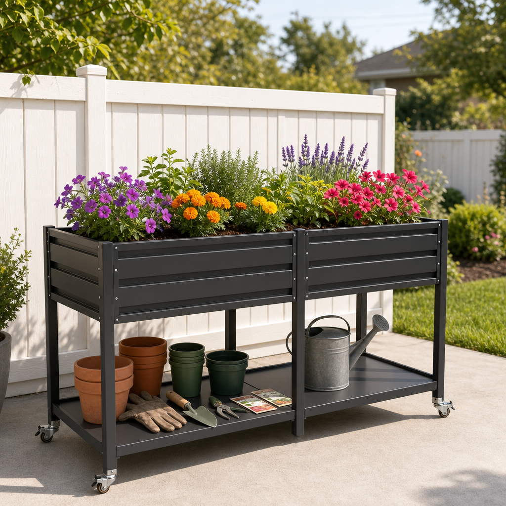 Dual Tier Elevated Metal Raised Garden Bed with lockable wheels; dark gray frame, top planters on Tampa Home & Garden Store