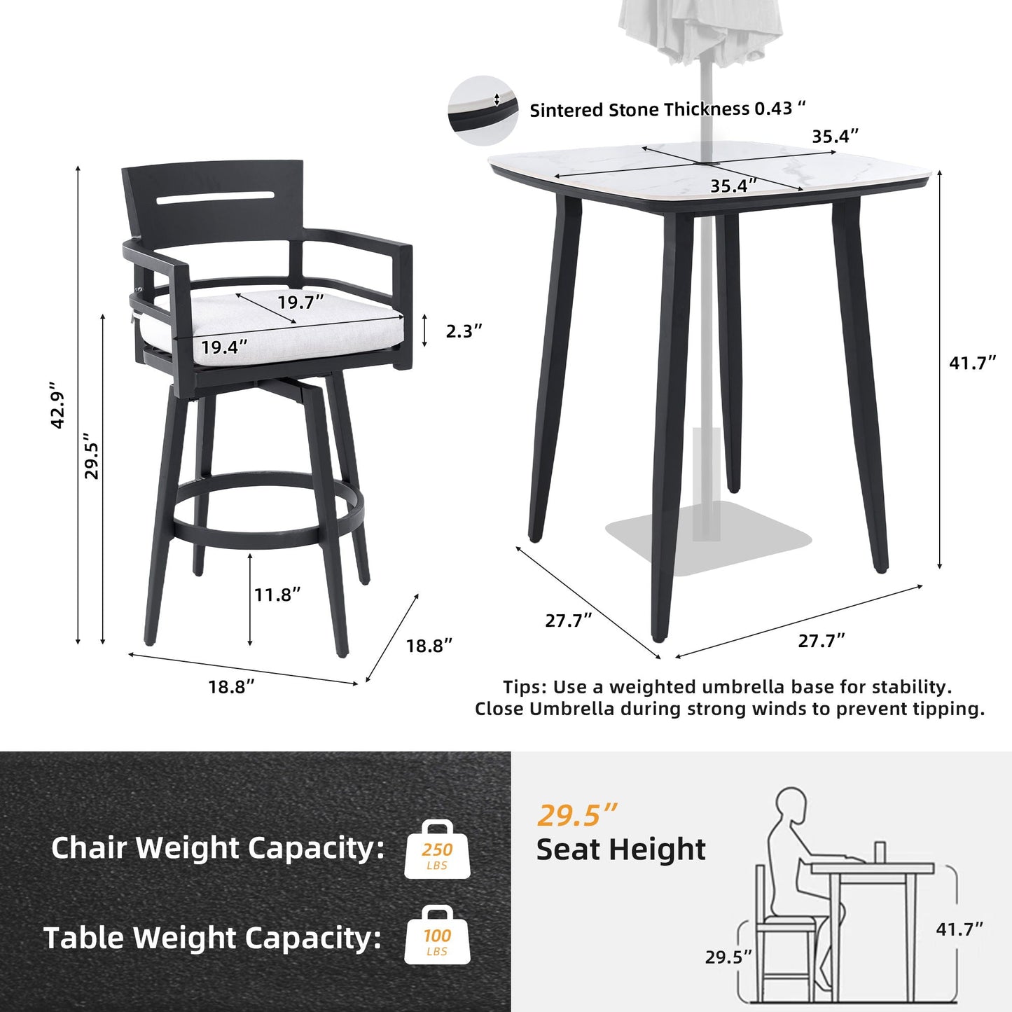 Modern Outdoor Aluminum Patio Bar Set And Stools