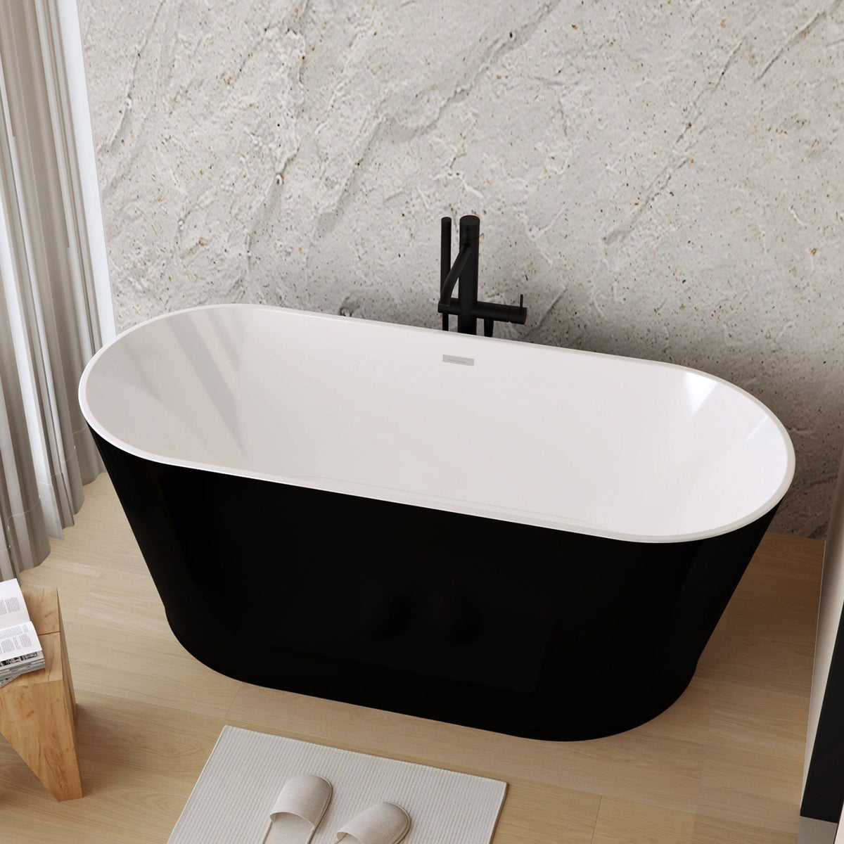 Glossy black freestanding bathtub with white interior and toe-tap drain by HouseOfZazla on Tampa Home & Garden Store