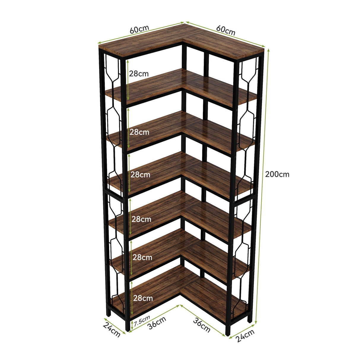 7-tier corner bookshelf with hexagonal design, dark wood shelves and black metal frame on Tampa Home & Garden Store