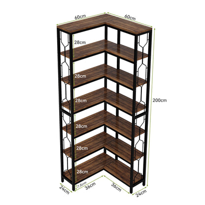 7-tier corner bookshelf with hexagonal design, dark wood shelves and black metal frame on Tampa Home & Garden Store