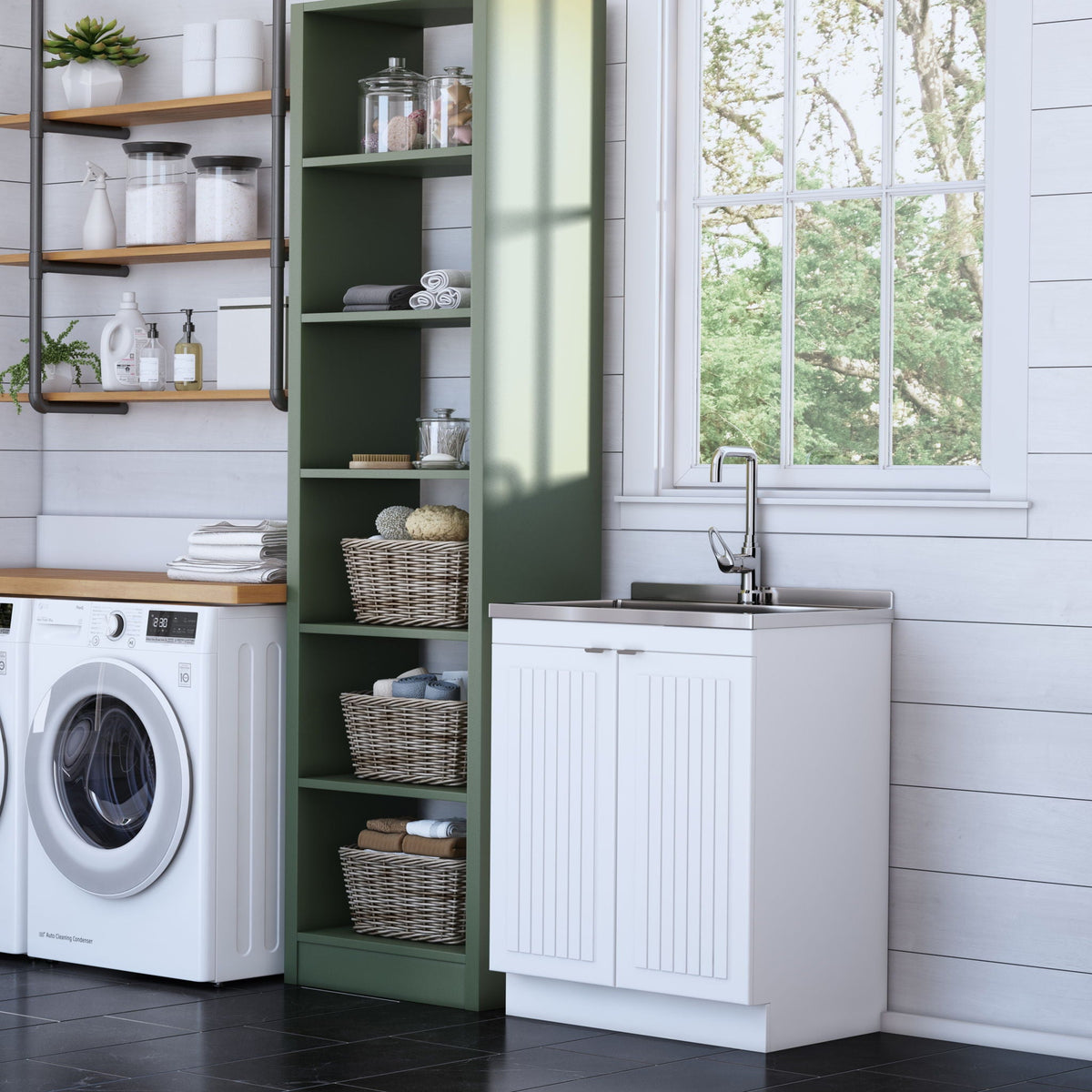 White laundry cabinet with stainless steel sink and green open-shelf vanity by HouseOfZazla on Tampa Home & Garden Store