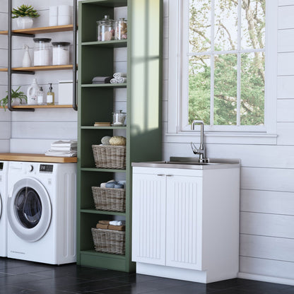 White laundry cabinet with stainless steel sink and green open-shelf vanity by HouseOfZazla on Tampa Home & Garden Store
