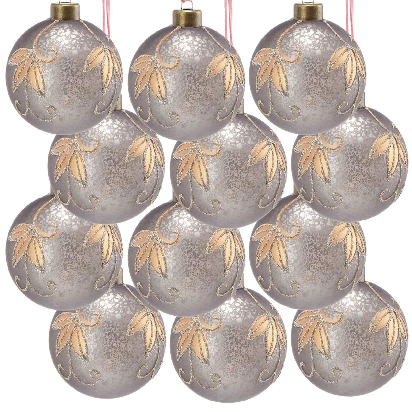 Christmas ball ornaments silver-grey with gold glitter leaf pattern for holiday decor on Tampa Home & Garden Store