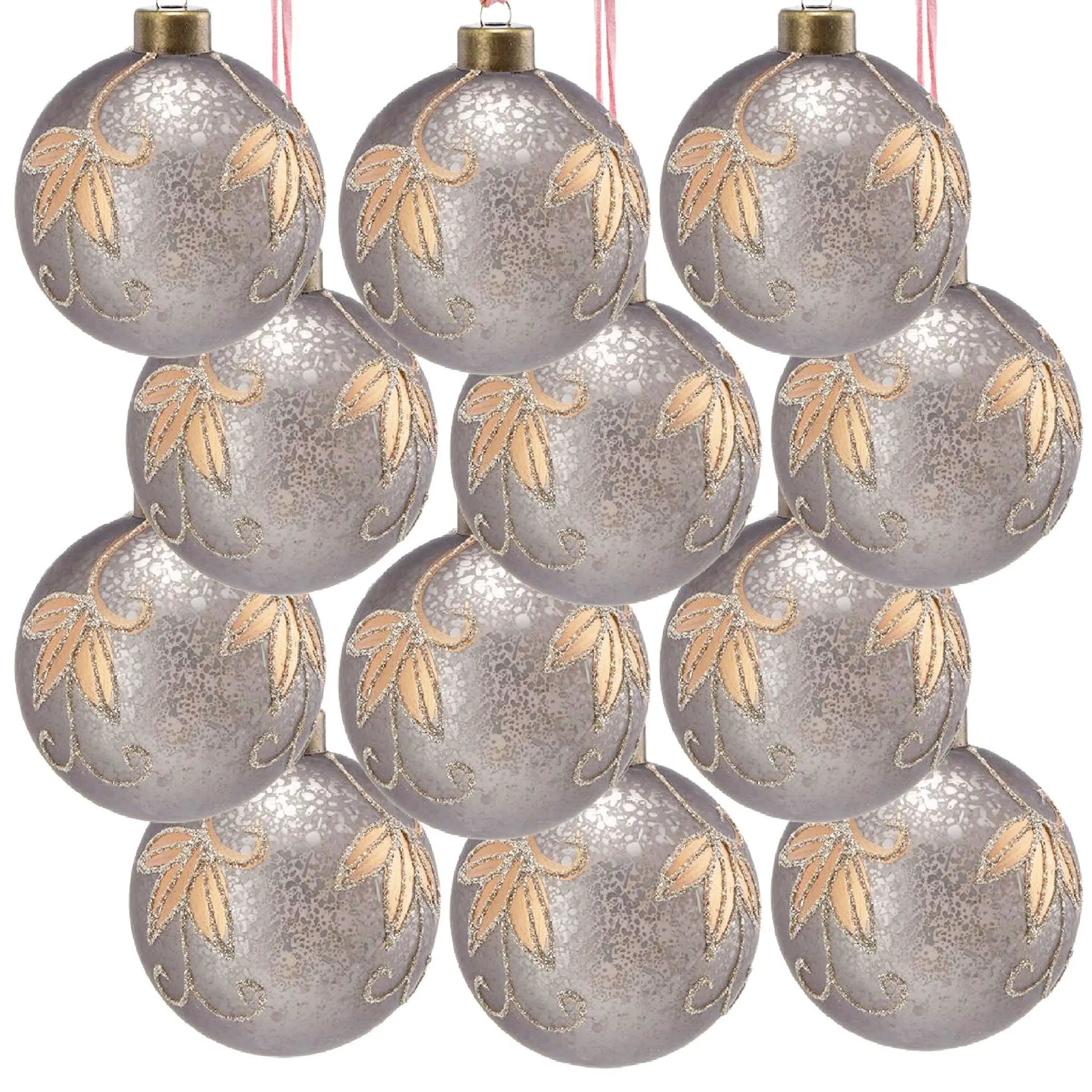 Christmas ball ornaments silver-grey with gold glitter leaf pattern for holiday decor on Tampa Home & Garden Store