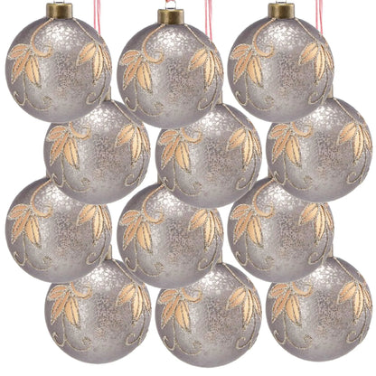 Christmas ball ornaments silver-grey with gold glitter leaf pattern for holiday decor on Tampa Home & Garden Store