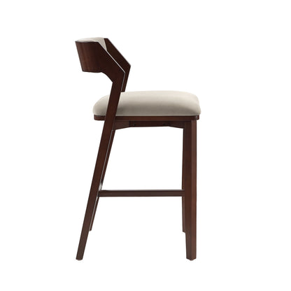 Bar height barstool with backrest, dark wood frame, beige upholstered seat on Tampa Home & Garden Store