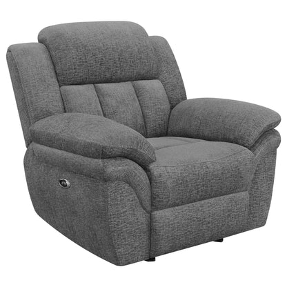 Pannen Glider Recliner gray textured fabric with padded headrest and arms on Tampa Home & Garden Store