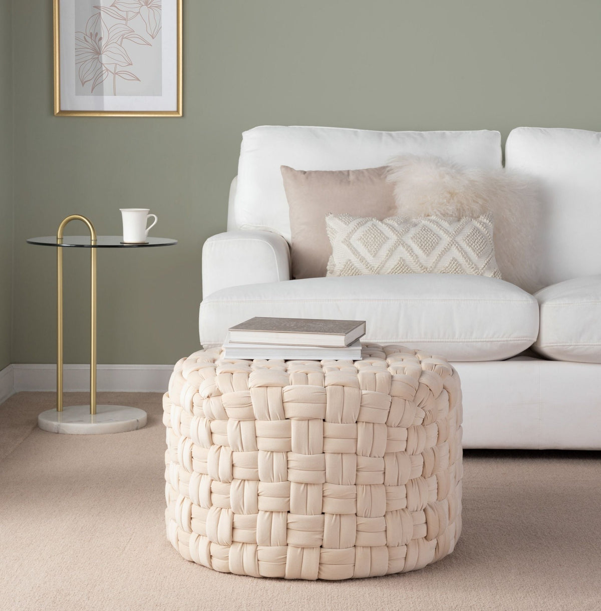 Braided round accent ottoman beige woven texture for living room setup on Tampa Home & Garden Store