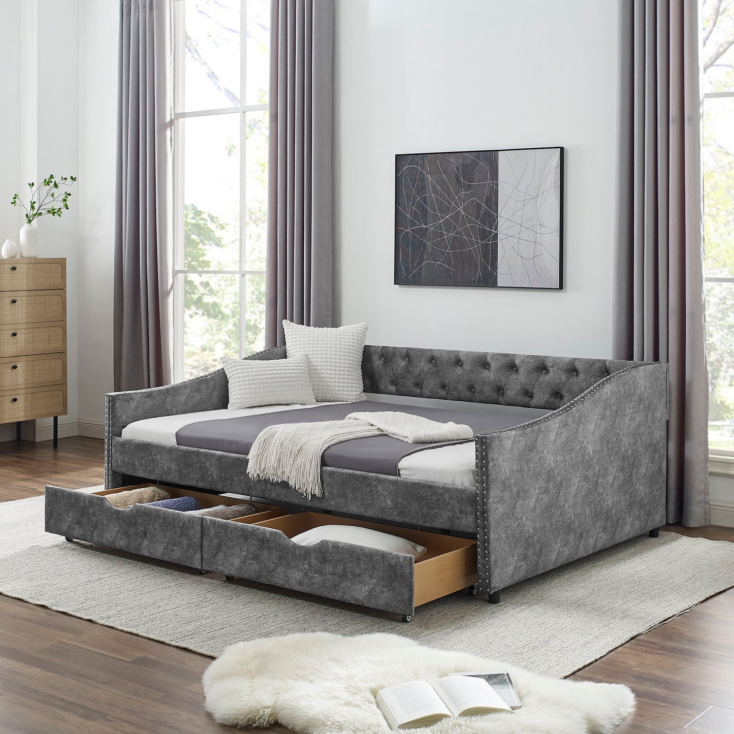 Upholstered Tufted Daybed and Storage Drawers