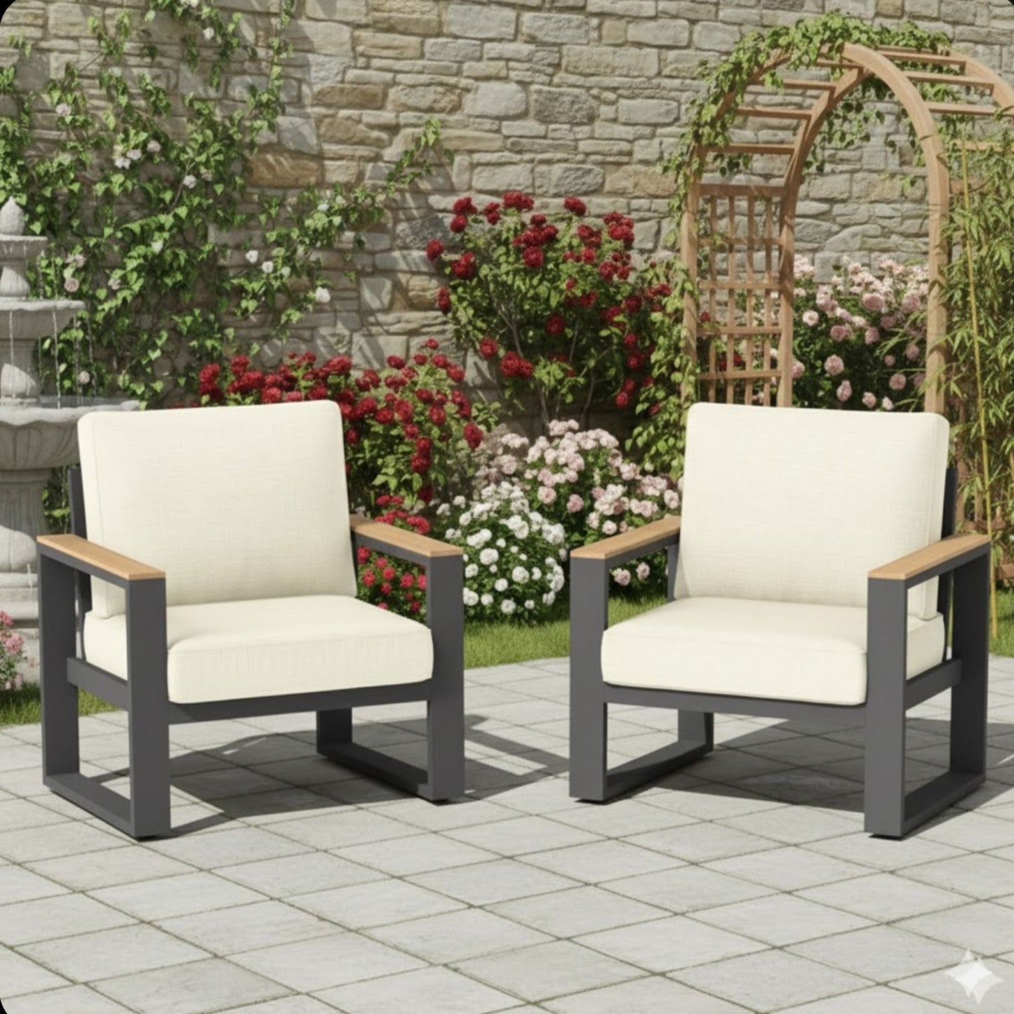 All-Weather Patio Armchairs with Thick Cushions Set of 2 in cream cushions and wooden armrests on Tampa Home & Garden Store