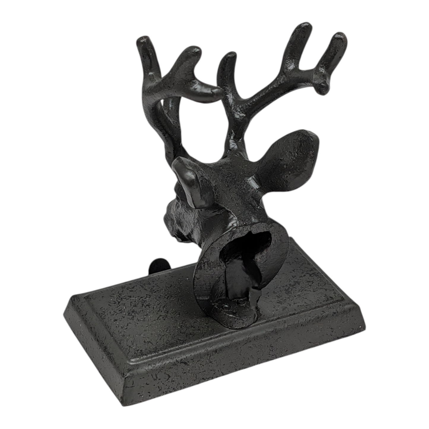 Reindeer cast iron stocking hanger in black with raised antlers and textured base on Tampa Home & Garden Store