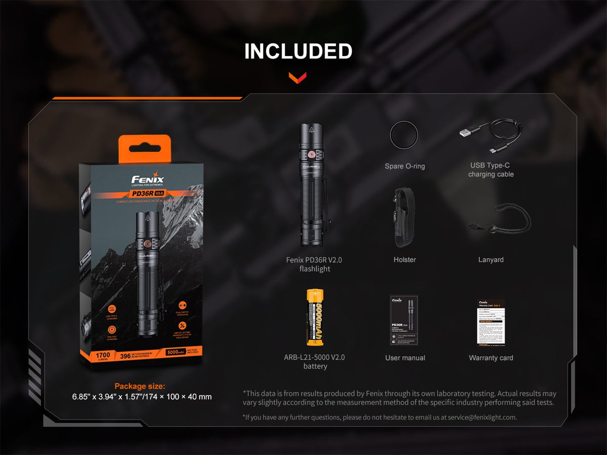 Fenix PD36R V2.0 tactical flashlight 1700 lumens; USB-C cable, spare O-ring, holster on Tampa Home & Garden Store
