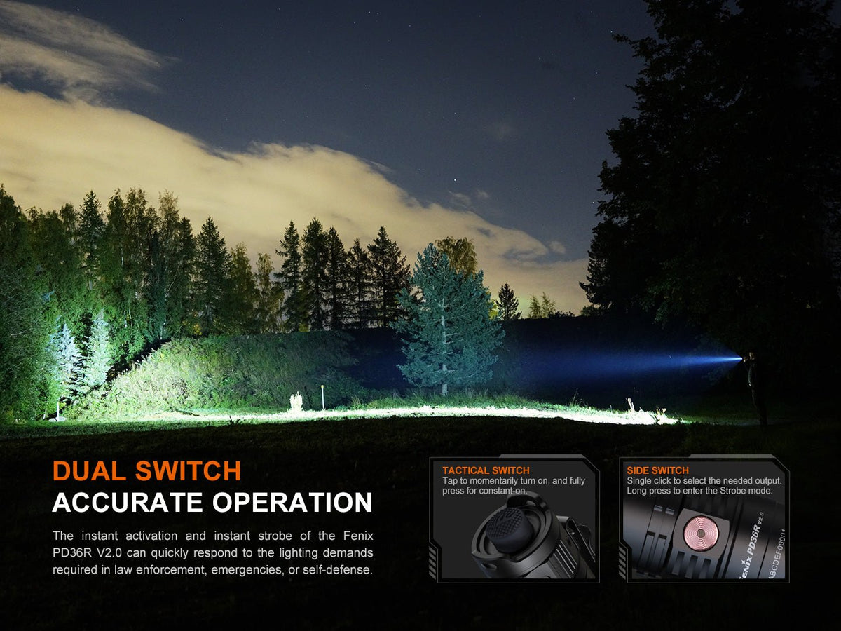 Fenix PD36R V2 tactical flashlight in black, casting a blue beam across night forest scene on Tampa Home & Garden Store