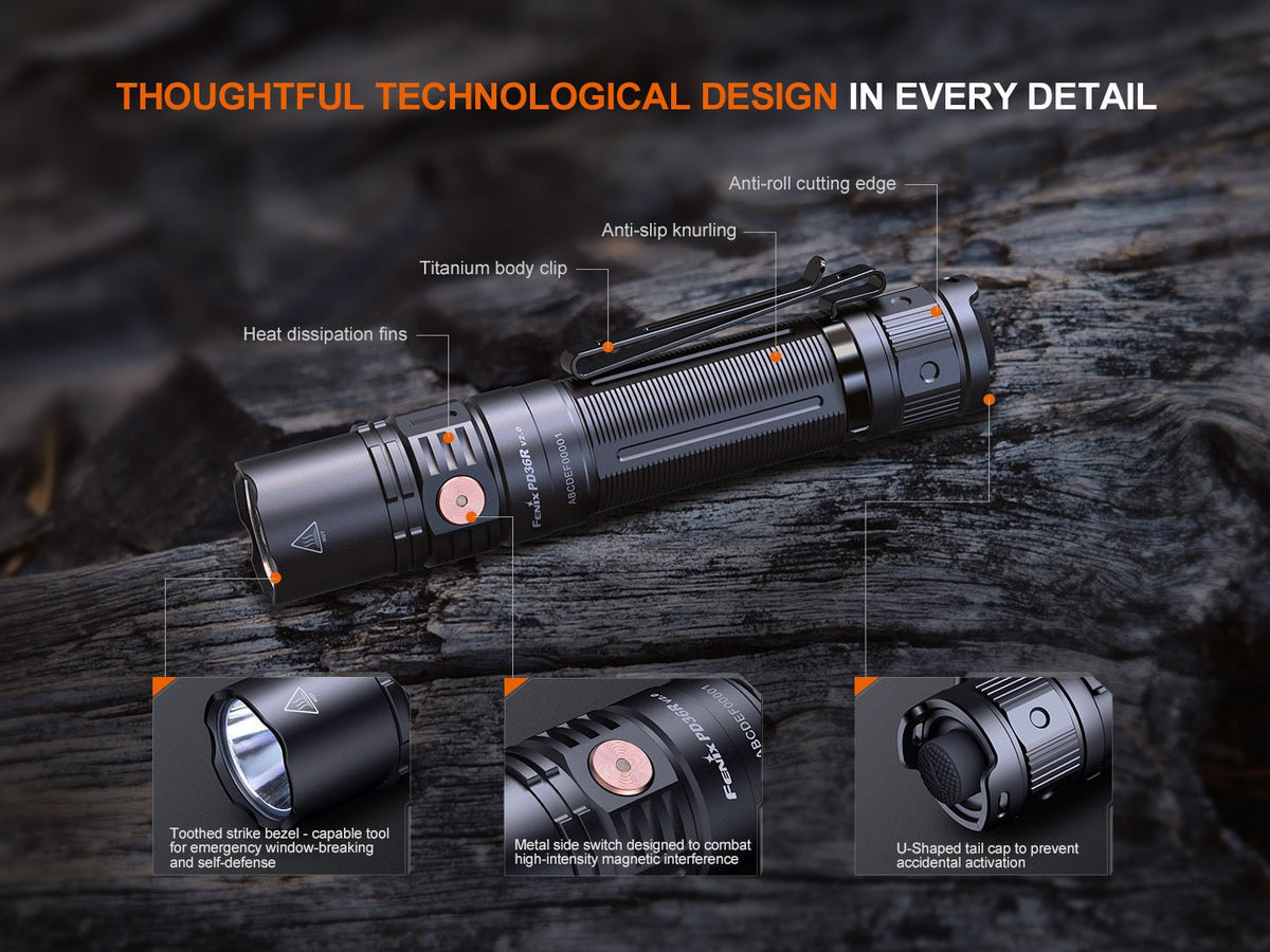 Fenix PD36R V2 tactical flashlight, 1700-lumen rechargeable black body with heat fins on Tampa Home & Garden Store