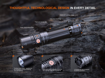 Fenix PD36R V2 tactical flashlight, 1700-lumen rechargeable black body with heat fins on Tampa Home & Garden Store