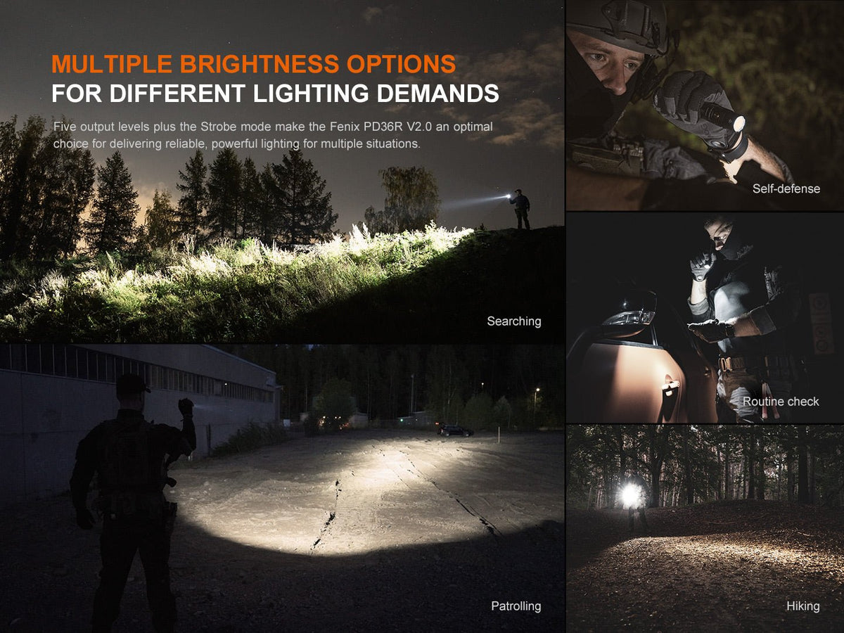 Fenix PD36R V2 tactical flashlight 1700 lumens brightness options Fenix Store on Tampa Home & Garden Store