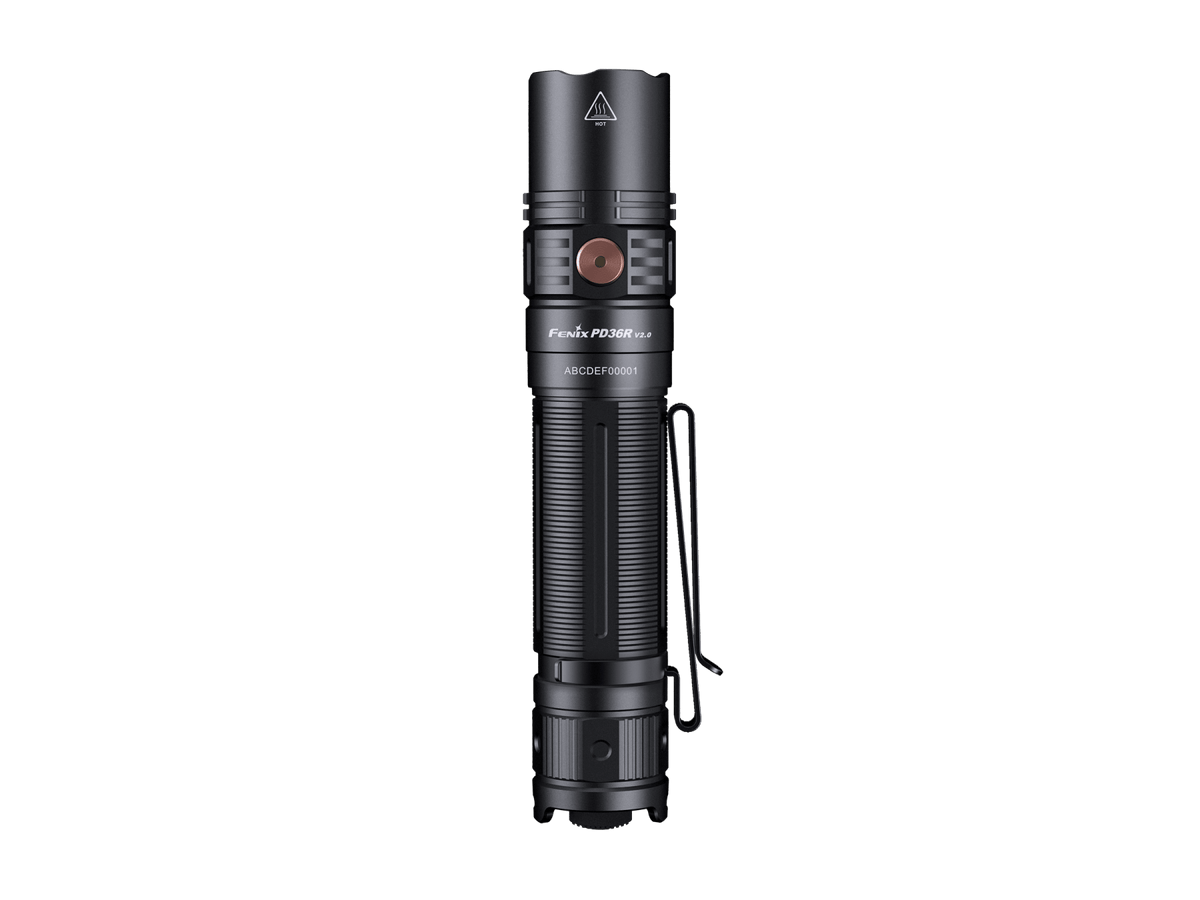 Fenix PD36R V2.0 tactical flashlight in black with copper power button on Tampa Home & Garden Store