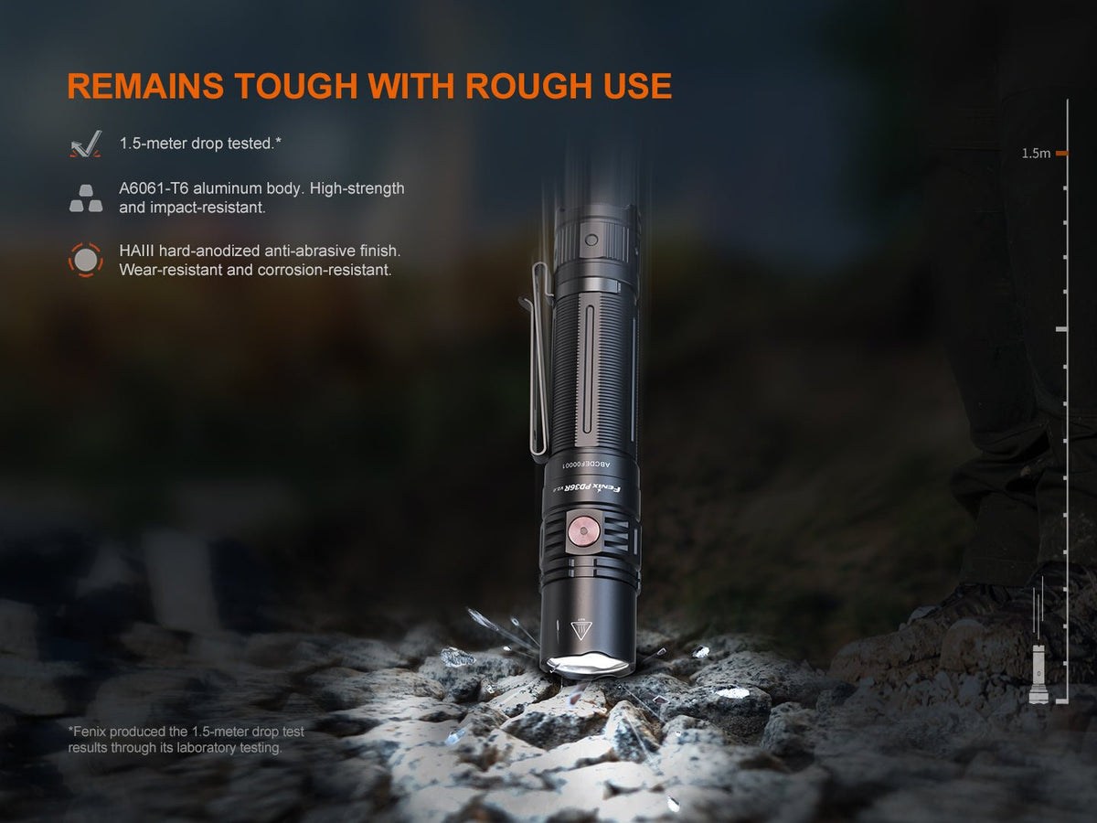 Fenix PD36R V2 compact tactical flashlight with black aluminum body and clip on Tampa Home & Garden Store