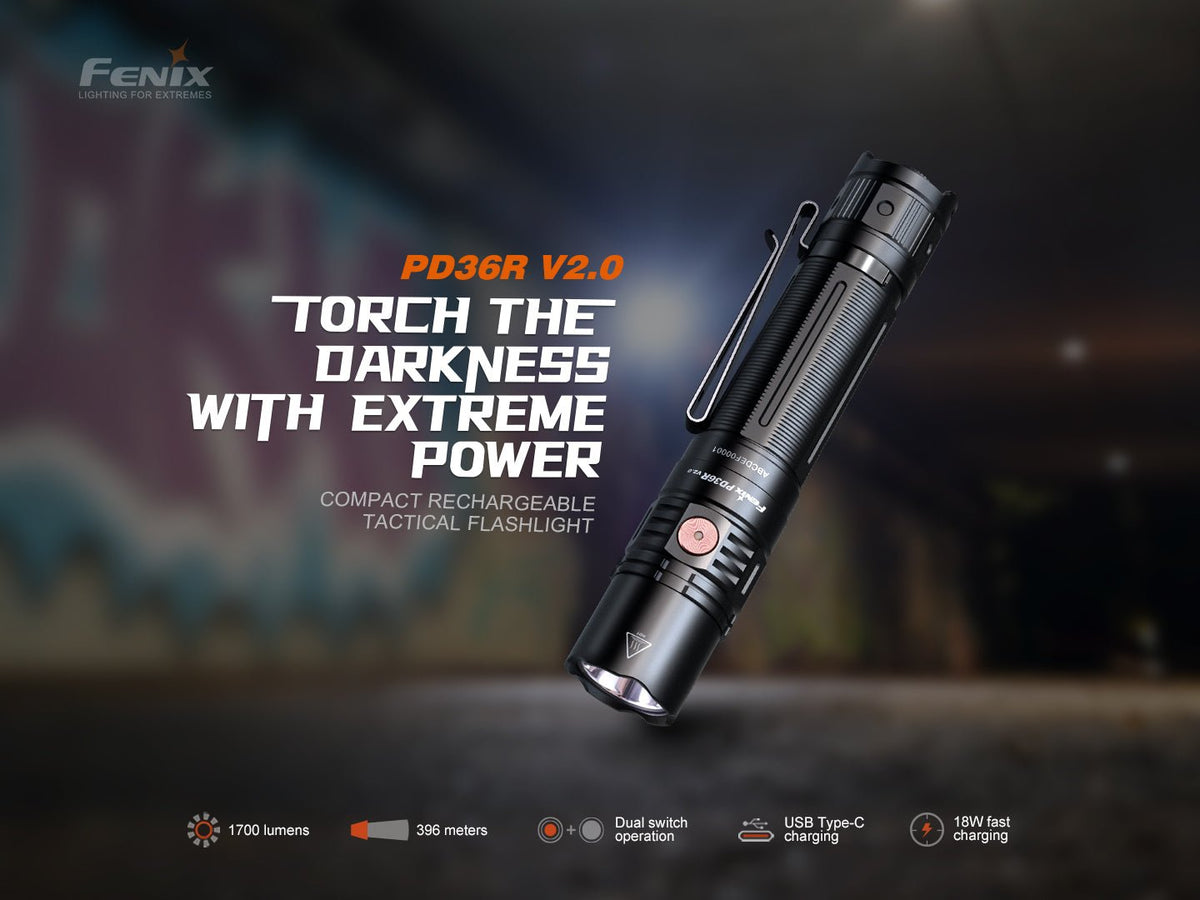 Fenix PD36R V2.0 compact tactical flashlight with black aluminum body and pocket clip on Tampa Home & Garden Store