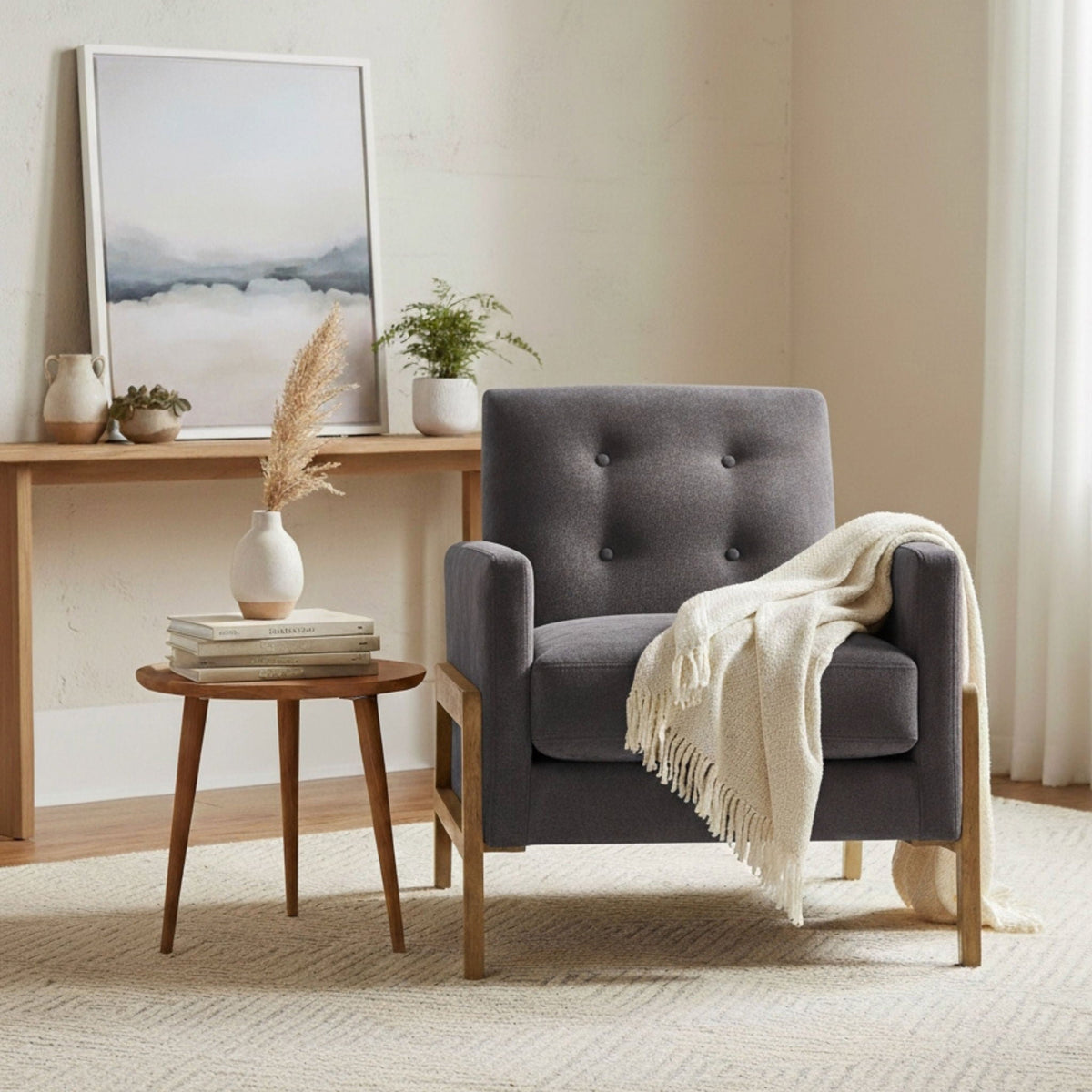 Tufted back accent chair HouseOfZazla, dark gray upholstery with light wood legs on Tampa Home & Garden Store