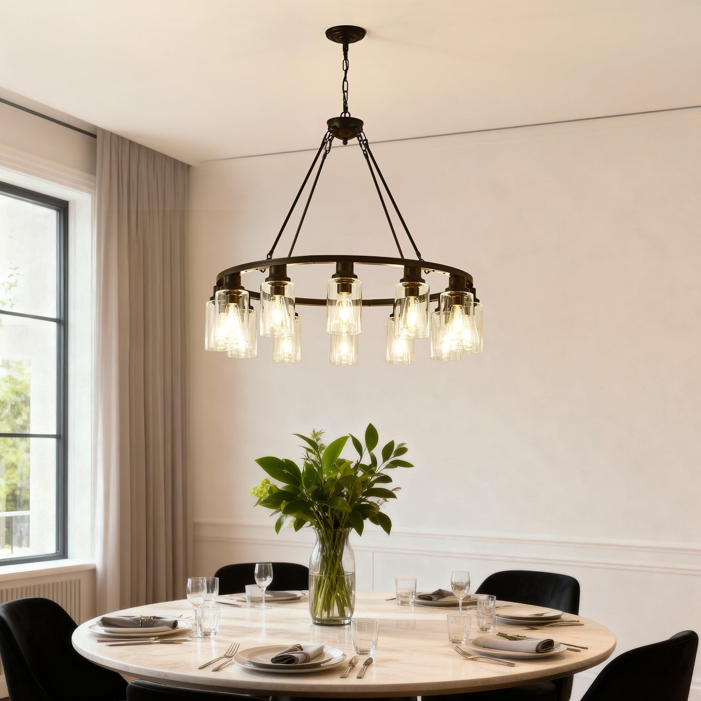 Black wagon wheel chandelier with glass shades, 31.5 inch modern farmhouse pendant light on Tampa Home & Garden Store